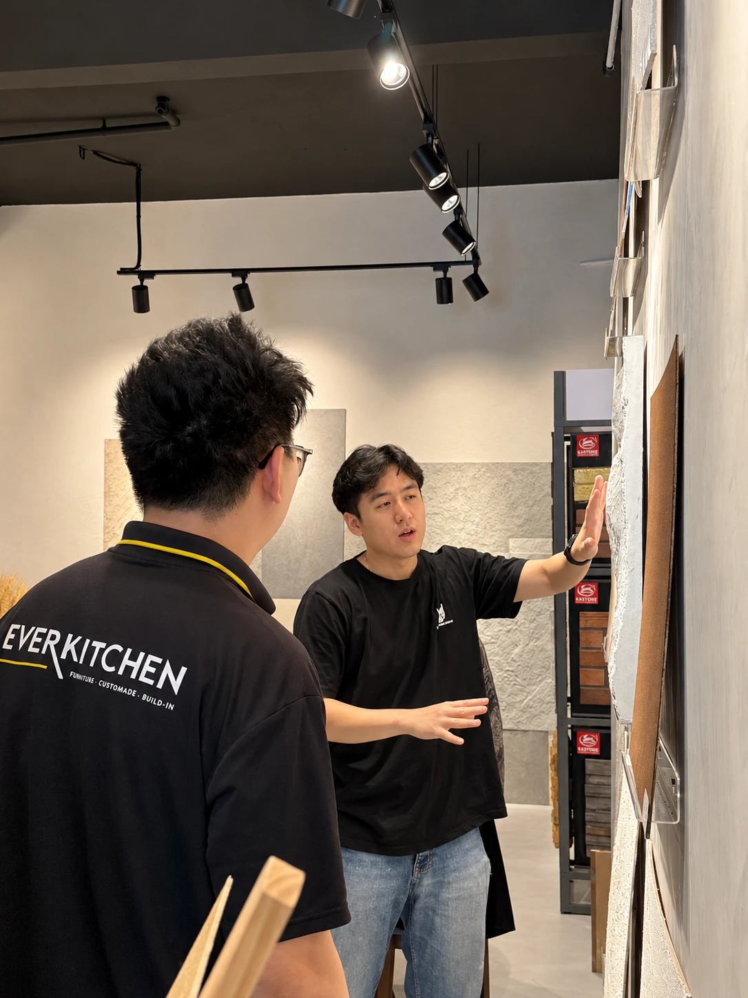 Our team explaining a finish to a visiting designer