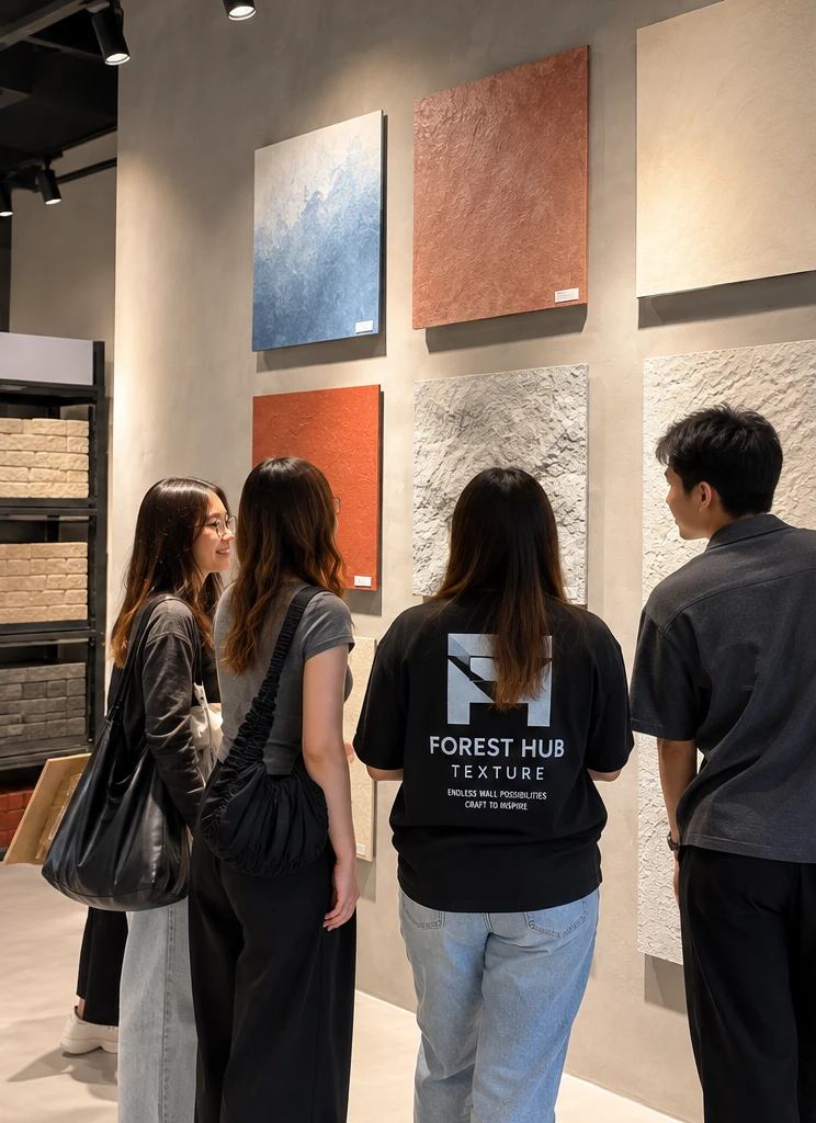 Designers looking at finishes on the showroom sample wall