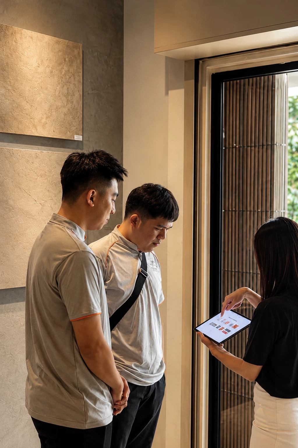 Our team showing finish options on a tablet to visiting clients in the showroom